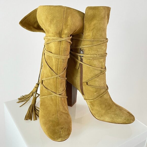 Boho Brilliance! Zara Camel Suede Boot with Tie Wrap Detail and Fringe - Picture 4 of 6